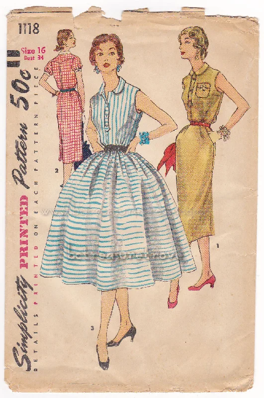 Vintage Dress Pattern 1950s Shirtwaist Sleeveless Short Sleeves Slim and Full Skirt Simplicity #1118 B 34 Mini Skirt Look