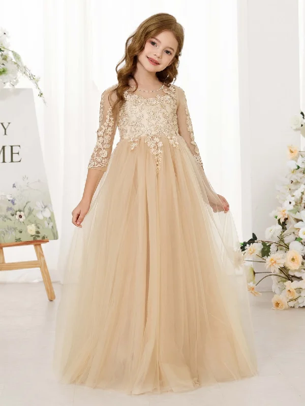 A-Line/Princess Lace 3/4 Sleeves Scoop Neck Floor-Length Flower Girl Dresses Lace Party Gown