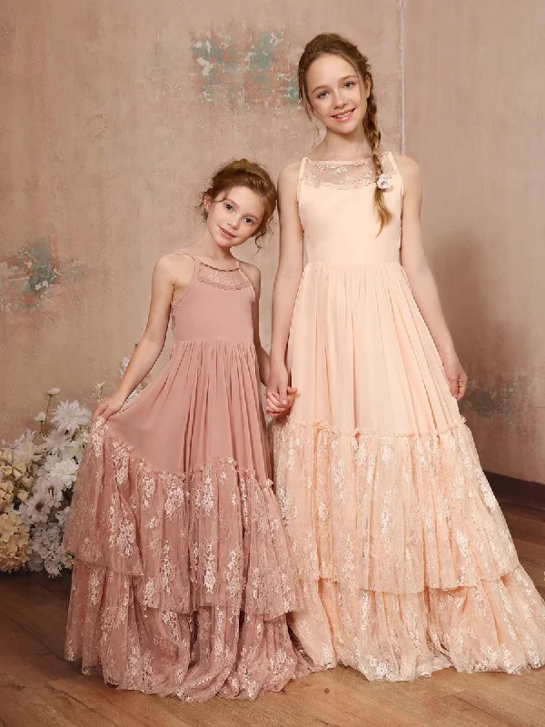 A-Line/Princess Lace Chiffon Sleeveless Scoop Neck Floor-Length Flower Girl Dresses Lace Dress for Weddings