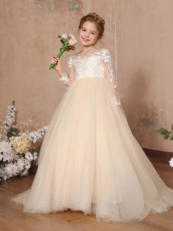 Ball-Gown Lace Long Sleeves Cap Straps Floor-Length Flower Girl Dresses Lace Bodycon Dress