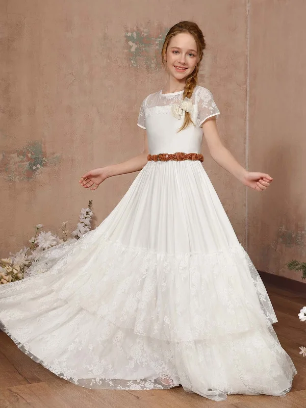 A-Line/Princess Lace Short Sleeves Scoop Neck Floor-Length Flower Girl Dresses Full Lace Dress