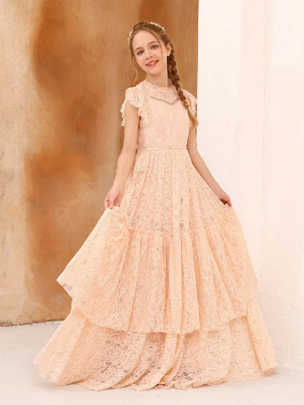 A-Line/Princess Lace Short Sleeves Scoop Neck Floor-Length Flower Girl Dresses Vintage Lace Gown