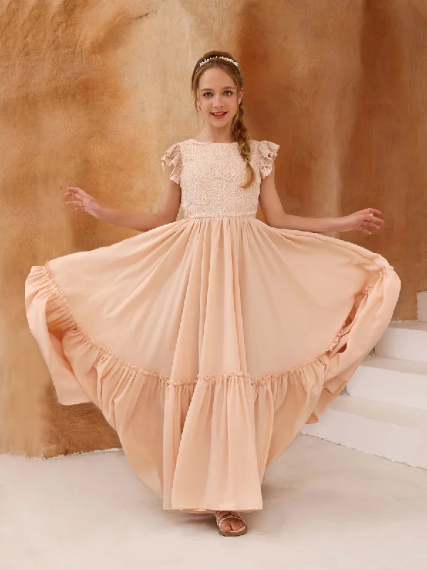 A-Line/Princess Lace Short Sleeves Scoop Neck Floor-Length Flower Girl Dresses Lace Dress Glamorous