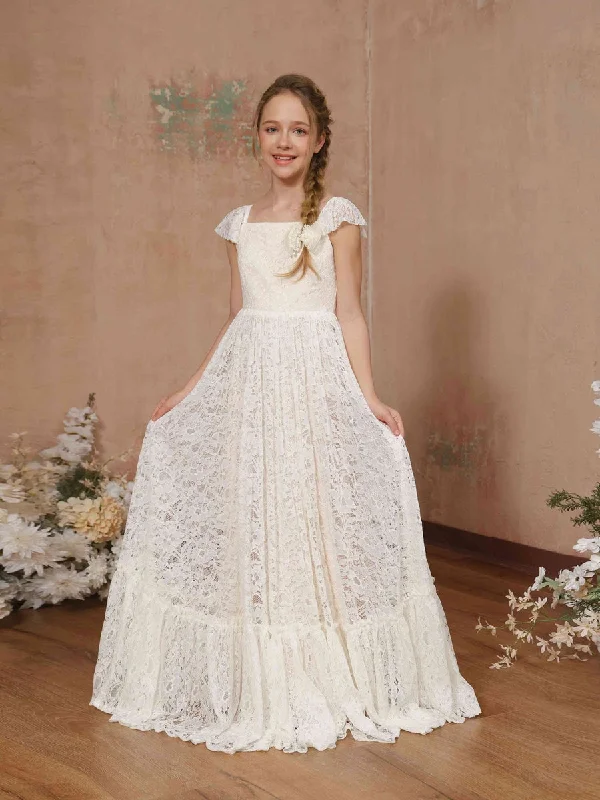 A-Line/Princess Lace Short Sleeves Square Neck Floor-Length Flower Girl Dresses Layered Lace Dress