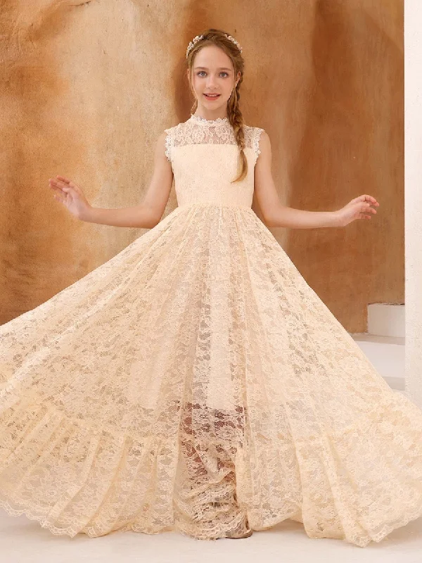 A-Line/Princess Lace Sleeveless Scoop Neck Floor-Length Flower Girl Dresses Lace Bridesmaid Gown