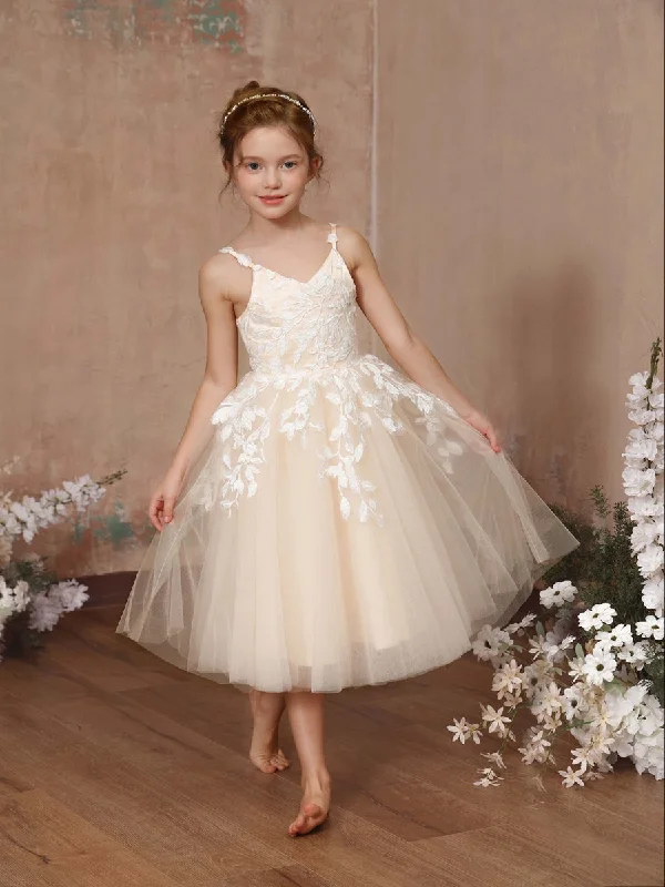 A-Line/Princess Lace Sleeveless V-Neck Tea-Length Flower Girl Dresses Lace Cocktail Dress