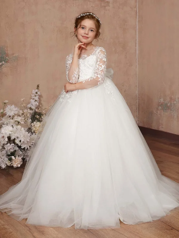 Ball-Gown Lace Tulle 3/4 Sleeves Scoop Neck Floor-Length Flower Girl Dresses Lace Evening Dress