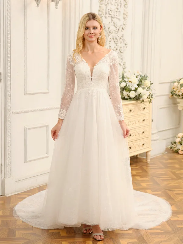 A-Line/Princess V-Neck Long Lace Wedding Dresses with Appliques & Long Sleeves Lace Dress Set