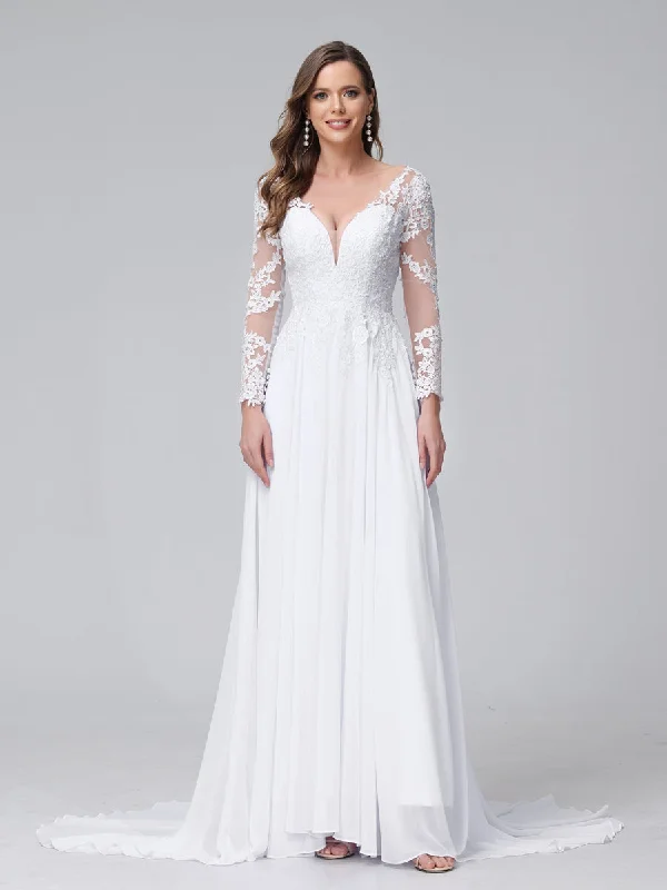 A-Line V-Neck Long Sleeves Long Chiffon Wedding Dresses with Lace Applique Lace Evening Gown