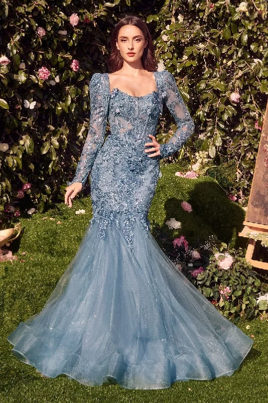 Andrea and Leo -MA101 Scoop Neck Lace Applique Mermaid Dress Blue Lace Dress