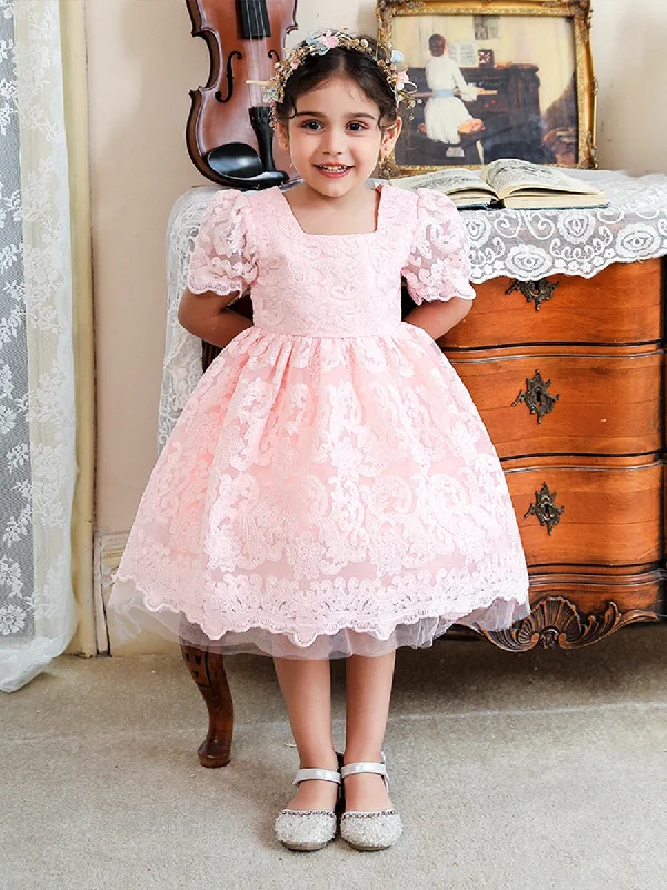 Ball Gown Square Neck Tulle Flower Girl Dresses with Lace Lace Dress with Belt