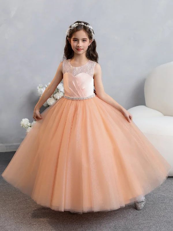 Crew Neck Lace Tulle Flower Girl Dresses with Pearls & Bowknot Elegant Lace Design