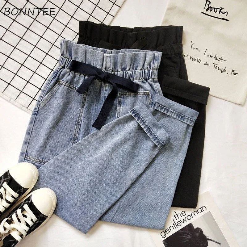 Jeans Women All-match Stylish Oversized 3XL Autumn Boyfriend Jean Lace Up High Waist Wide Leg Trousers Casual Baggy Big Pockets Lace Dress Day