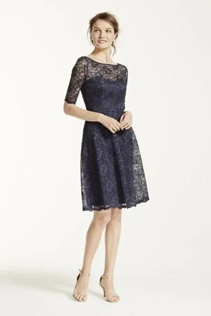 David's Bridal  Short Lace Dress with Illusion Neck and Sleeves Lace Bridesmaid Dress