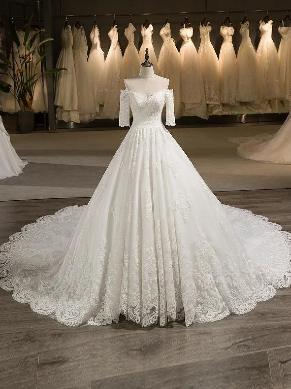 Off-the-Shoulder Half Sleeve Tulle Applique With Lace Court Train Ball Gown Wedding Dresses Lace Dress Design