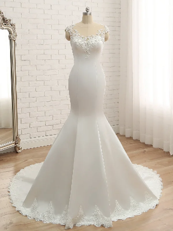 Trumpet/Mermaid Scoop Sleeveless Applique With Beading Lace Satin Court Train Wedding Dresses Lace Dress Vibe