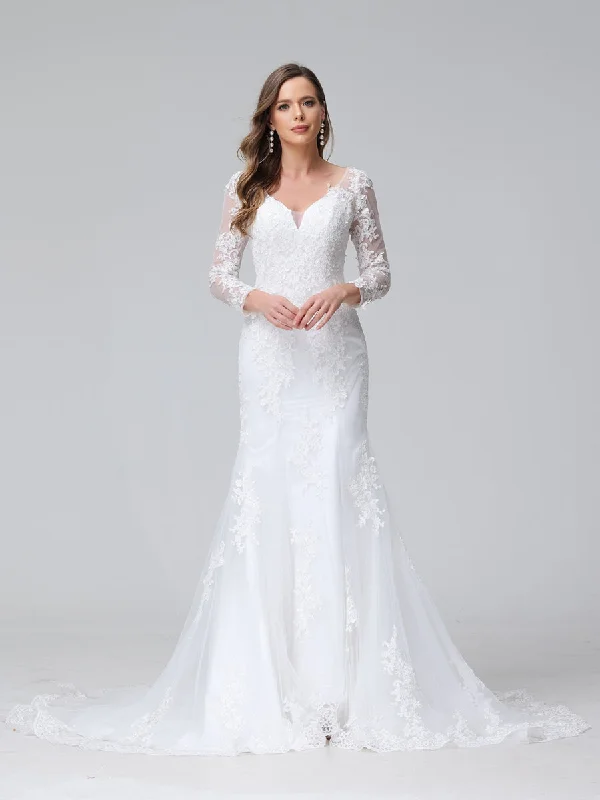 Trumpet/Mermaid V-Neck Long Sleeves Lace Wedding Dresses Lace Midi Dress