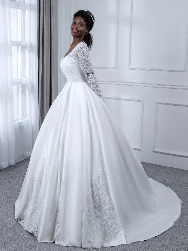 V-Neck Long Sleeves Lace Ball Gown Wedding Dresses with Appliques Sexy Lace Dress