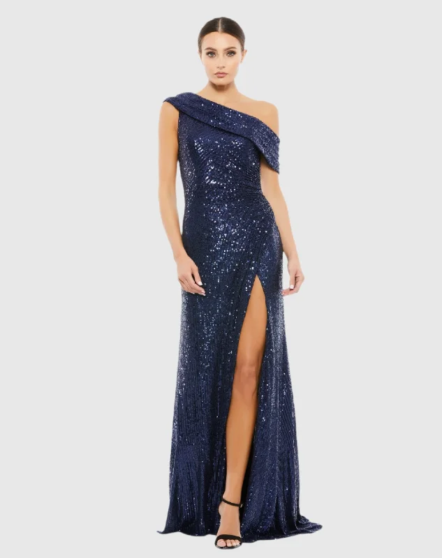 Navy Sequined Drop Shoulder Gown Satin Sequin Dress