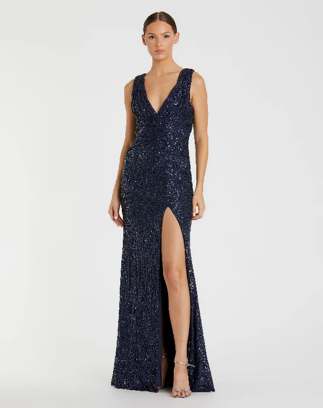 V-Neck Sequin Wrap Waist Gown Sequin Dress Twist