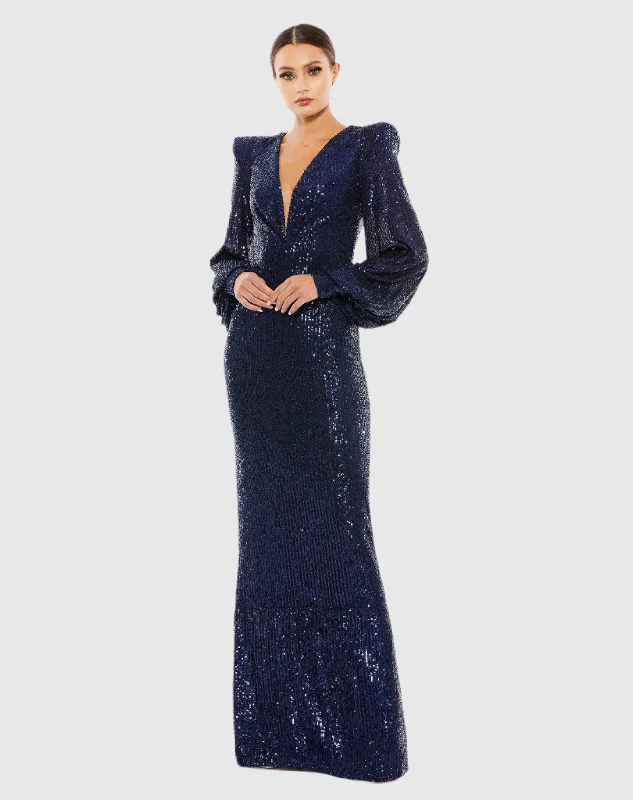 Blue Sequined Plunge Neck Structured Bishop Sleeve Gown Chic Sequin Dress