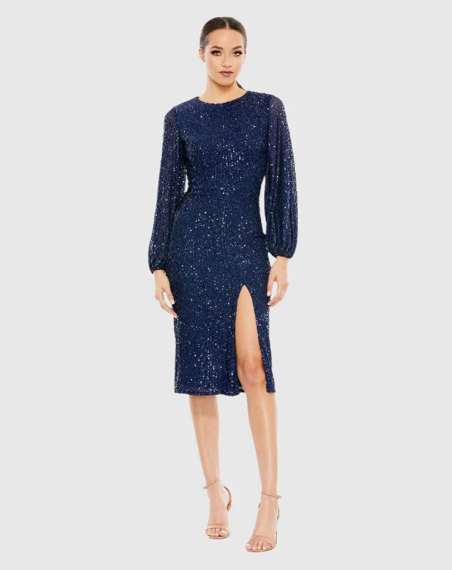 Sequined Puff Sleeve High Neck Dress - FINAL SALE Sequin A-line Dress