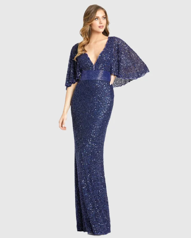 Sequined V-Neck Cape Sleeve Beaded Waist Gown Glamorous Sequin Dress