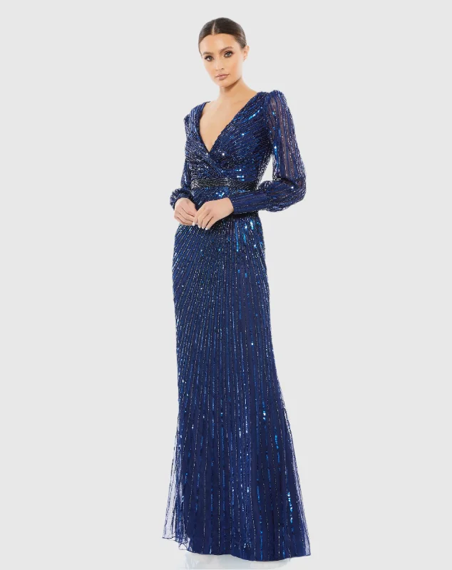 Navy Sequined Wrap Over Bishop Sleeve Gown Sequin Dress Vibe