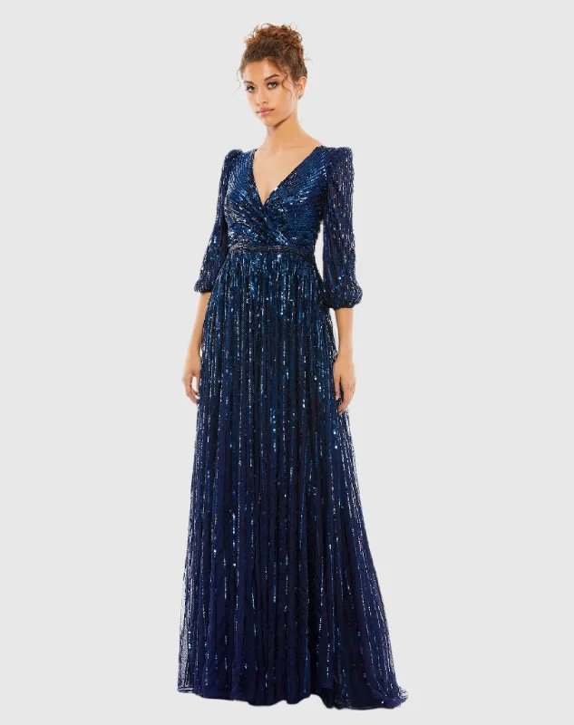 Sequined Wrap Over 3/4 Sleeve Gown Sequin Evening Dress