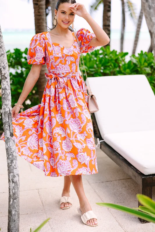 All For Love Orange Floral Midi Dress Slim Fit Midi