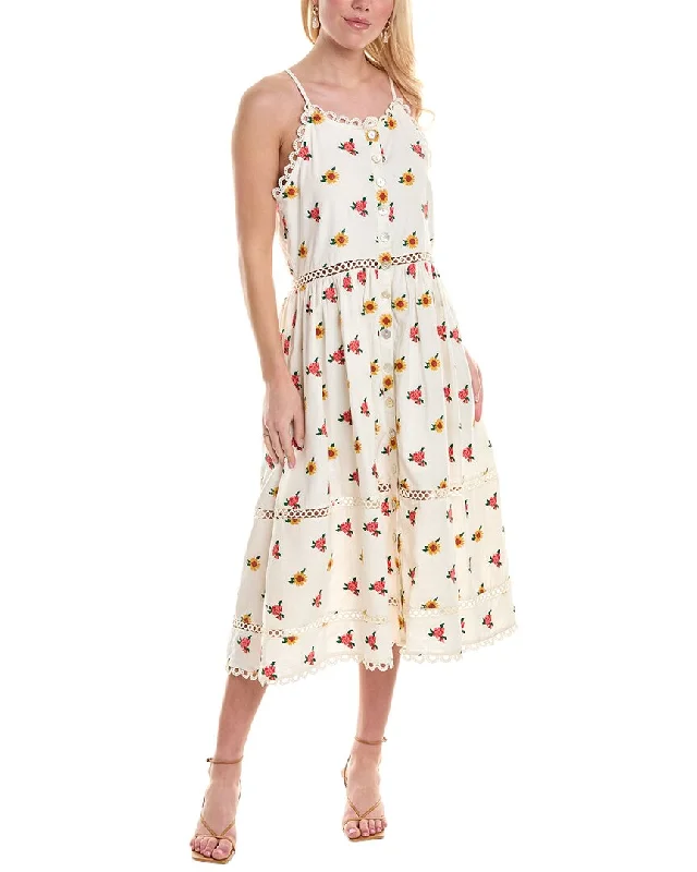 FARM Rio Embroidered Linen-Blend Midi Dress Casual Midi Skirt