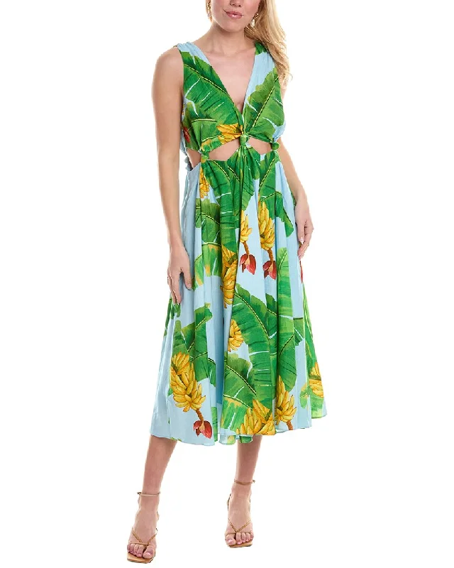 FARM Rio Fresh Bananas Cutout Linen-Blend Midi Dress High-Waisted Midi Skirt