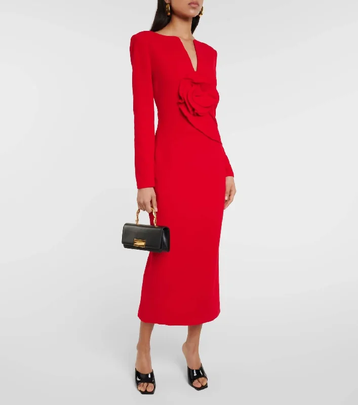 Floral Appliqué Wool Crepe Midi Dress In Red Silk Midi Skirt