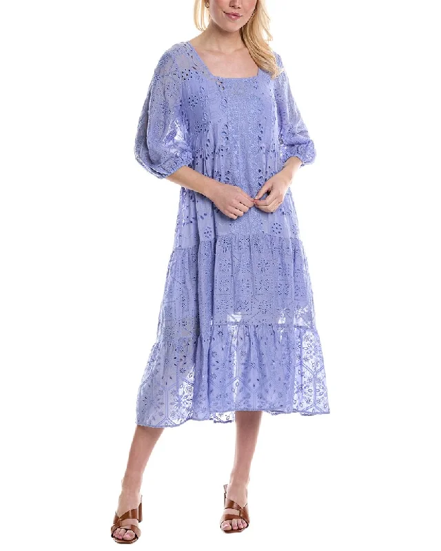 Johnny Was Castillo Eyelet Silk-Blend Midi Dress Cozy Midi Dress