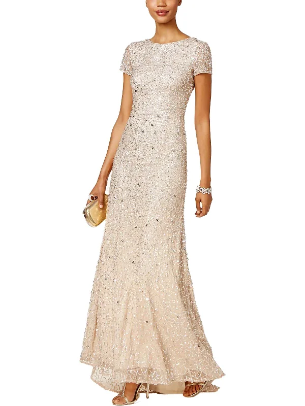 Petites Womens Sequined Cap Sleeve Evening Dress Sexy Sequin Dress