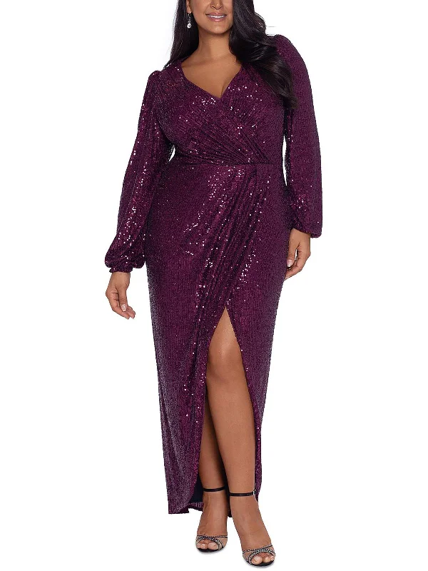 Plus Womens Sequined Surplice Evening Dress Sequin Cocktail Dress