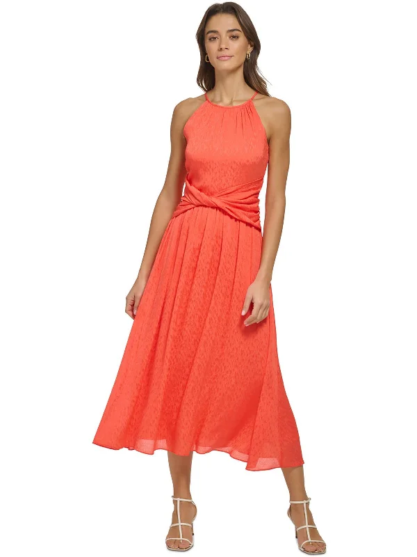 Womens Halter Twist Waist Midi Dress Lace Trim Midi