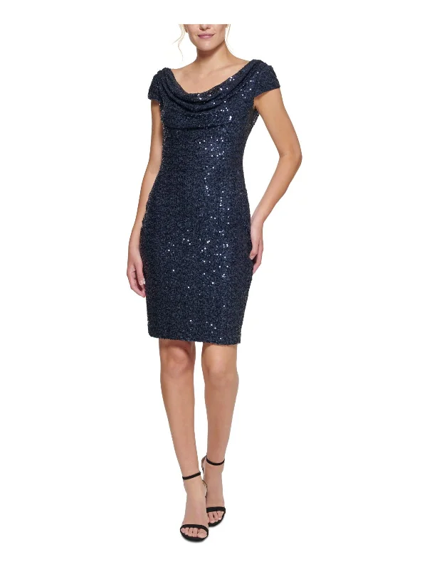 Womens Sequined Draped Neck Sheath Dress Sparkling Sequin Dress