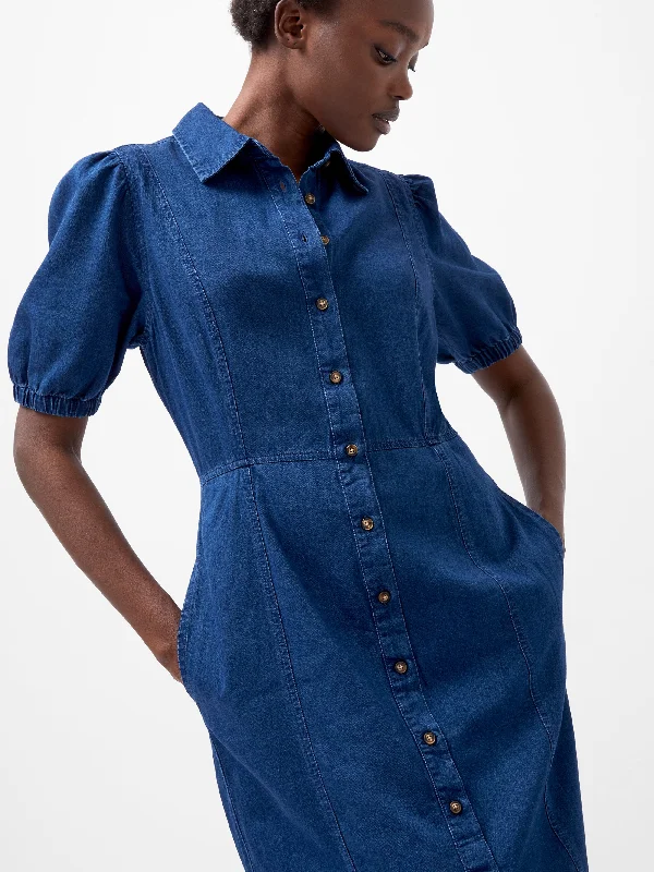 Chambray Button Through Denim Shirt Dress Short Shirt Dress