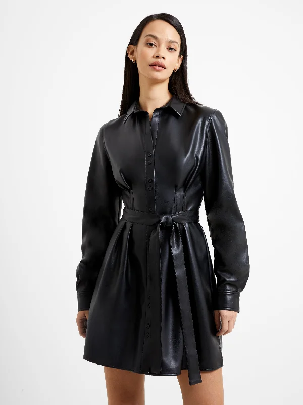 Crolenda PU Belted Shirt Dress V-neck Shirt Dress