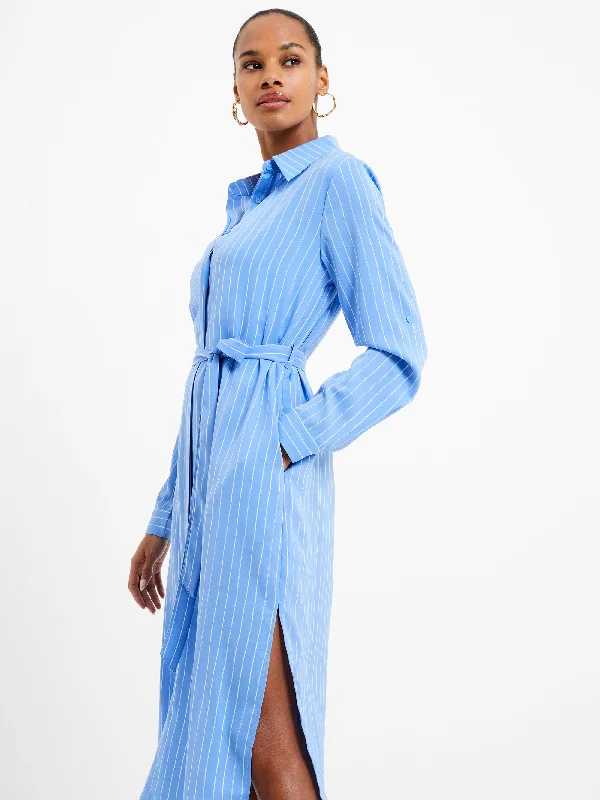 Pinstripe Button Through Shirt Dress Pleated Shirt Gown