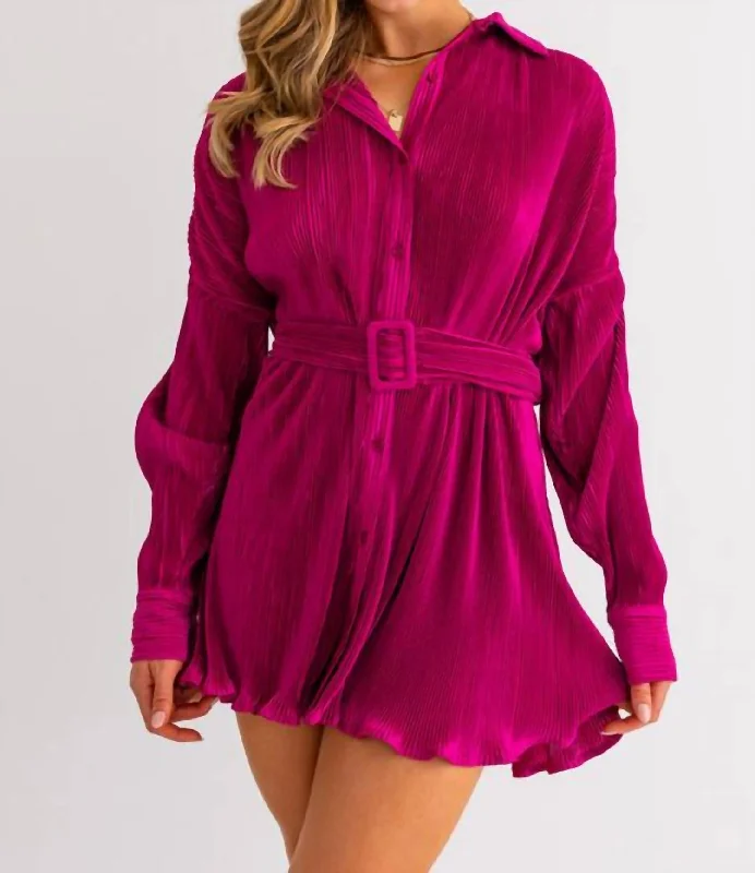 Pleated Shirt Dress In Magenta Stylish Button Shirt