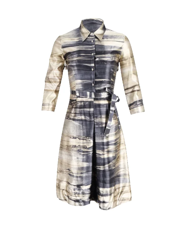 Prada Belted Printed Shirt Dress in Multicolor Silk Relaxed Shirt Gown