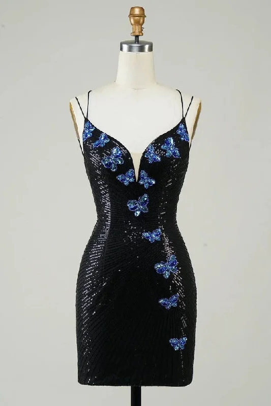 Black Glitter Tight Homecoming Dress With Sequins Butterflies Bold Bodycon Style