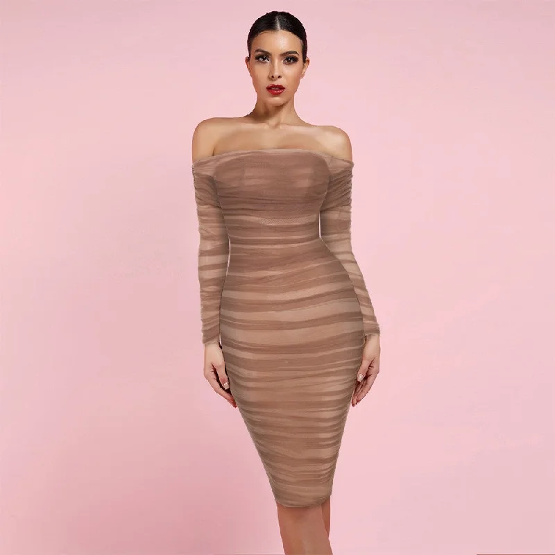 Brown Off Shoulder Long Sleeve Mesh Bodycon Dress Bodycon Wrap Dress