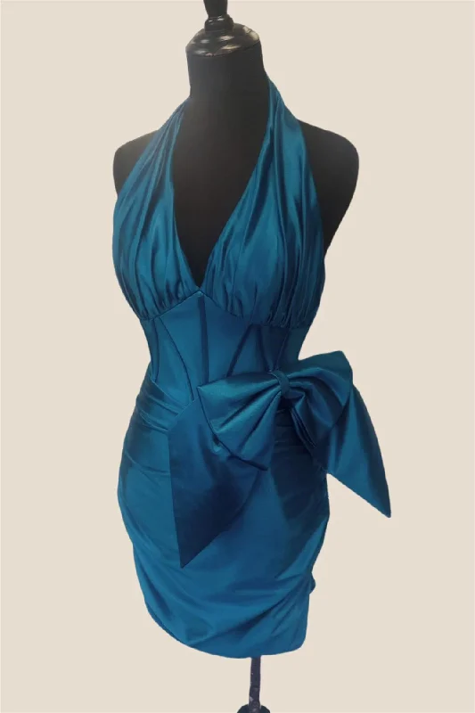 Halter Blue Ruched Tight Short Dress with Bow Elegant Bodycon Fit