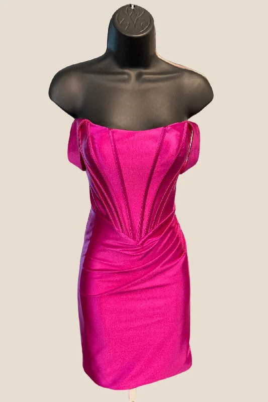 Off the Shoulder Hot Pink Ruched Tight Short Dress Simple Bodycon Gown