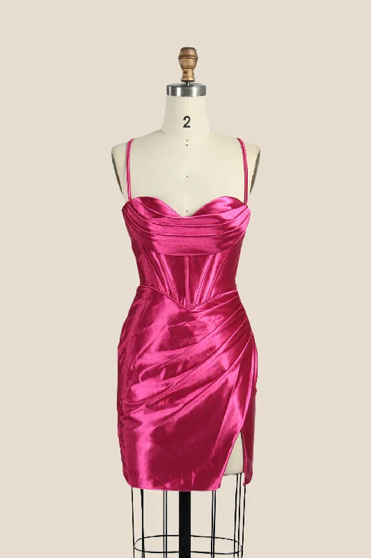 One Shoulder Fuchsia Ruched Tight Short Dress Bodycon Dress Chic