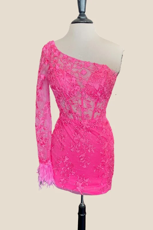 One Shoulder Hot Pink Appliques Tight Short Dress Night Out Dress