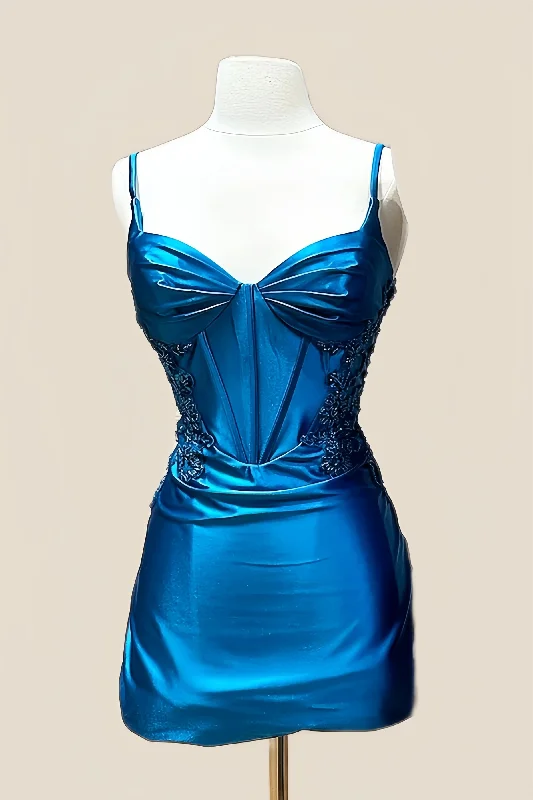 Spaghetti Straps Blue Beaded Bodycon Short Dress Bodycon Party Dress